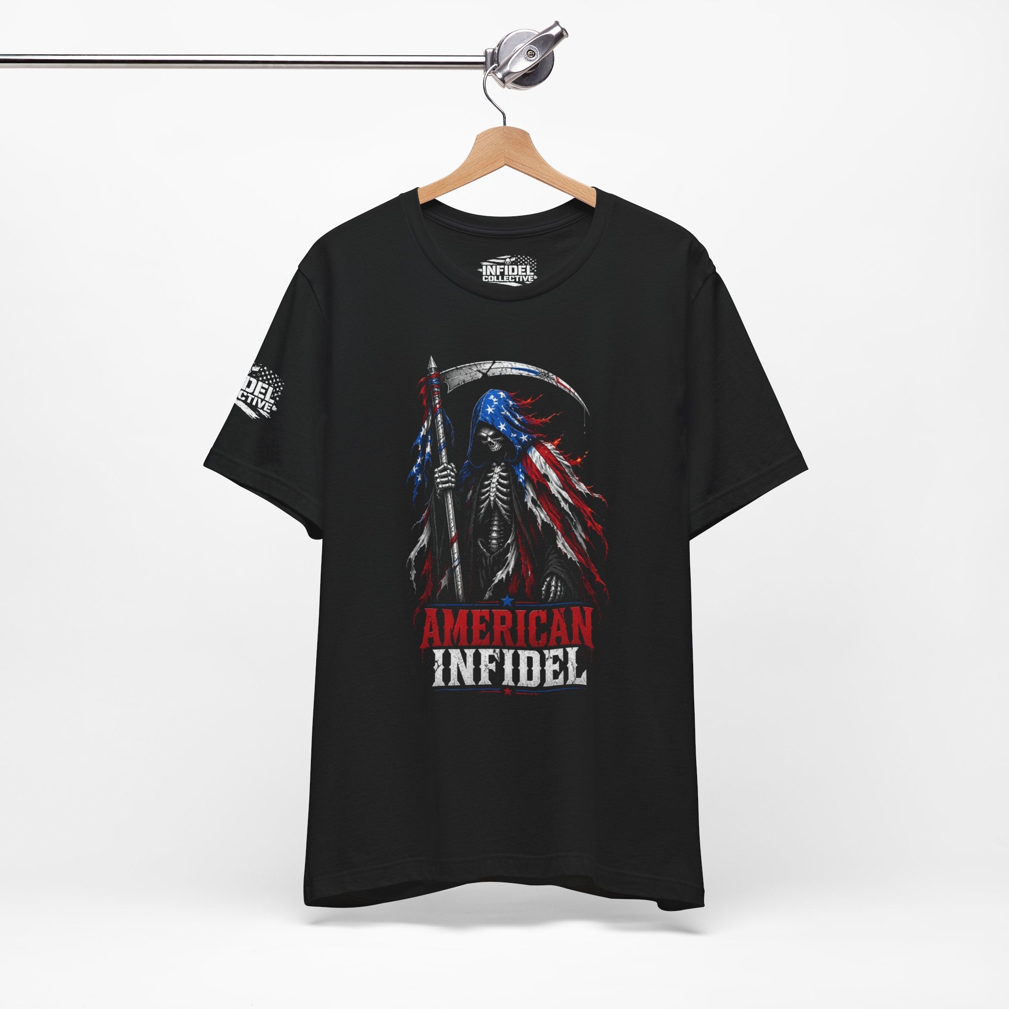 Black t-shirt with 'American Infidel' design featuring a skeleton holding an American flag against an American flag background.