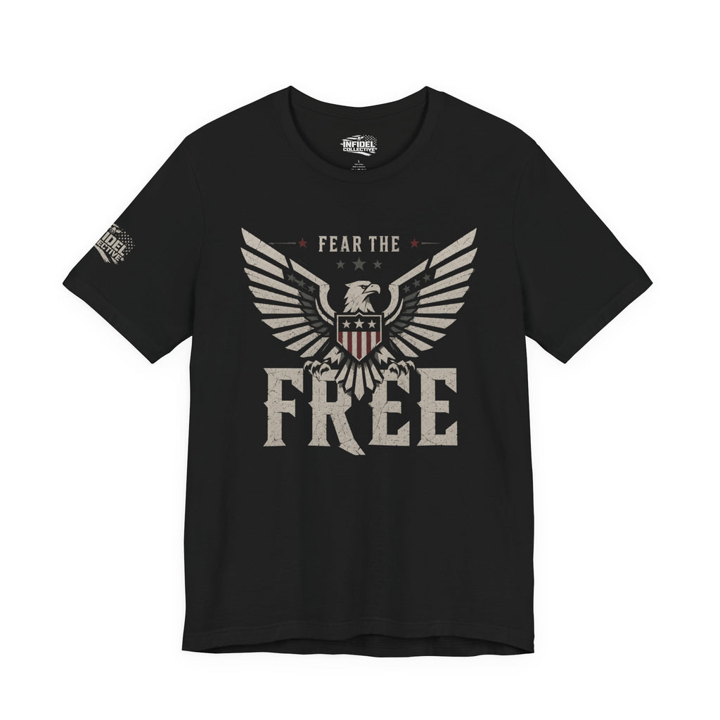 Black t-shirt with eagle graphic and 'Fear the Free' text on an American flag background