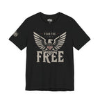 Black t-shirt with eagle graphic and 'Fear the Free' text on an American flag background