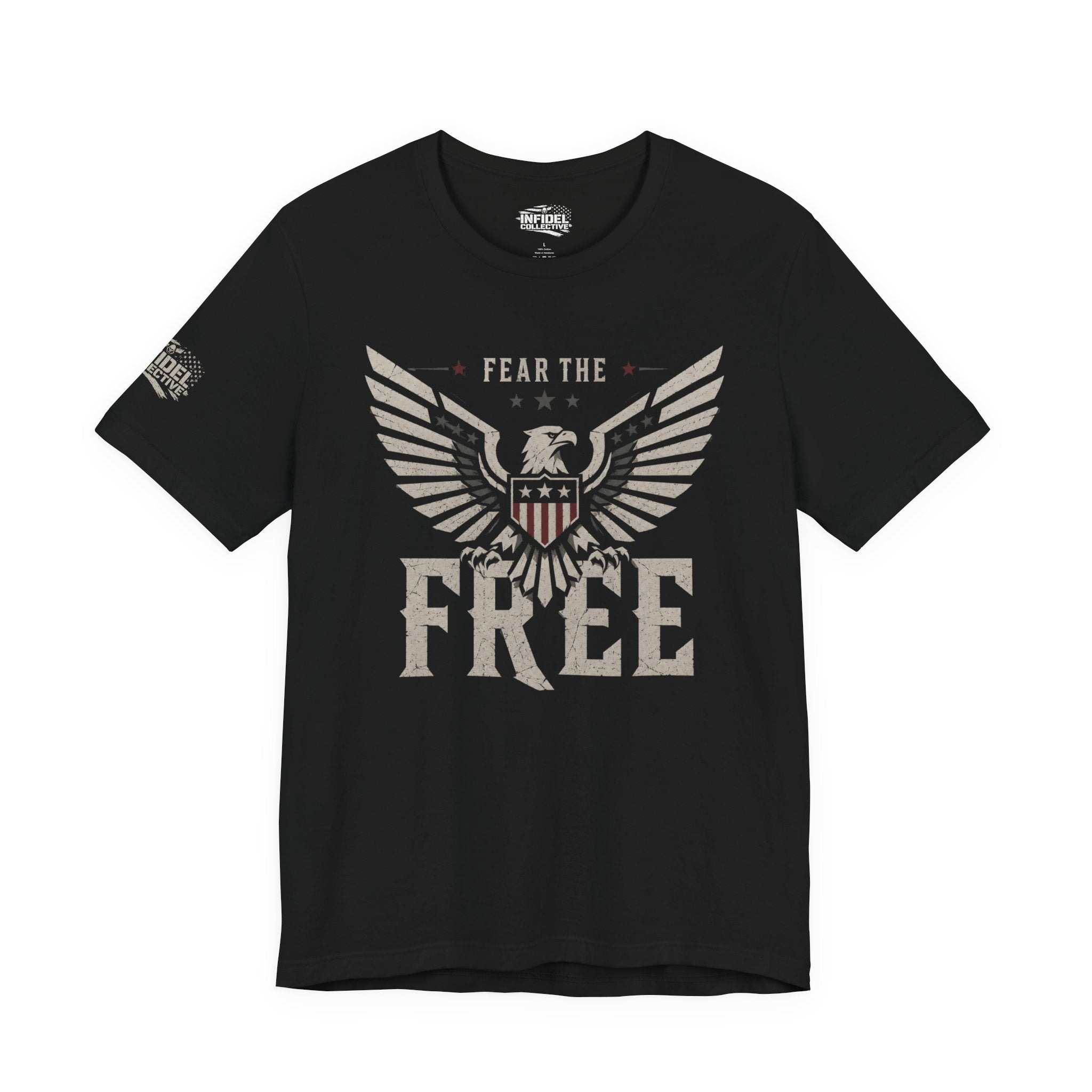 Black t-shirt with eagle graphic and 'Fear the Free' text on an American flag background