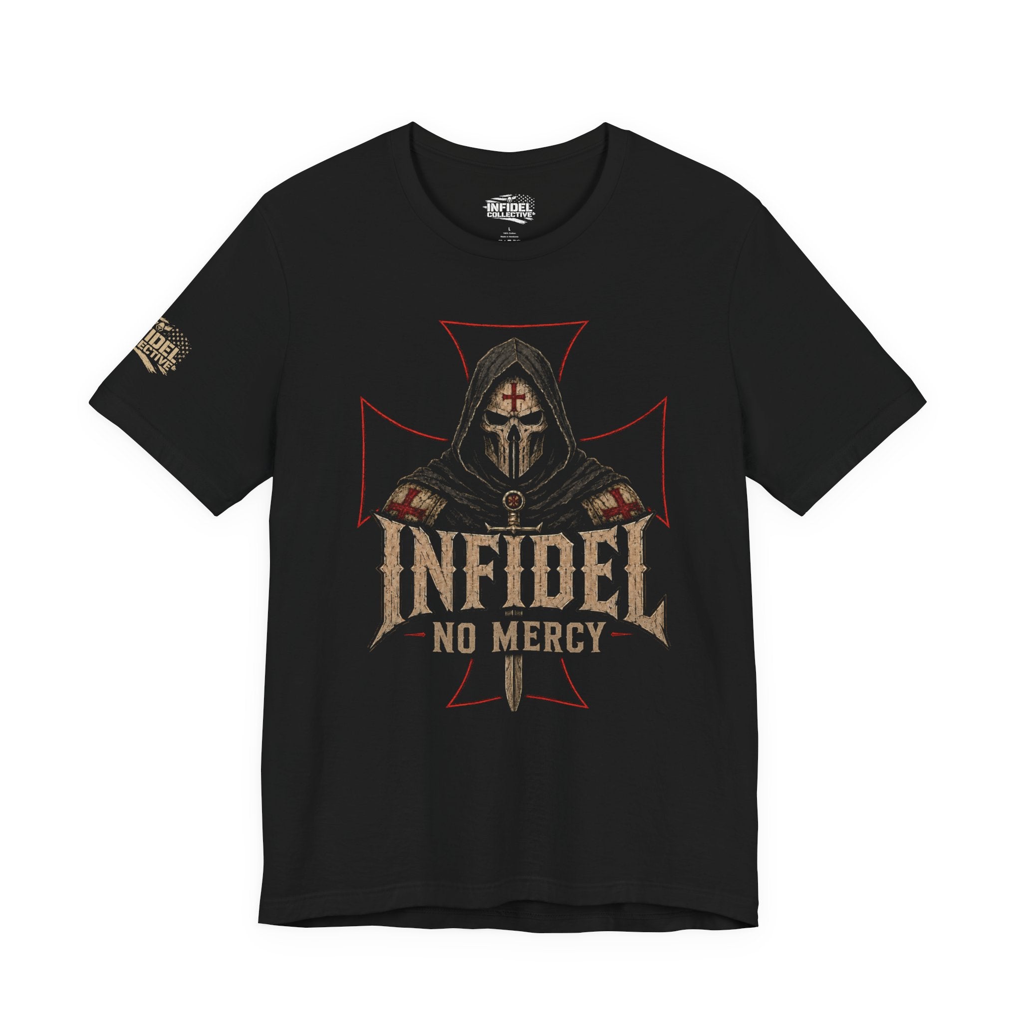 Death Mask Infidel No Mercy front print black tee from Infidel Collective