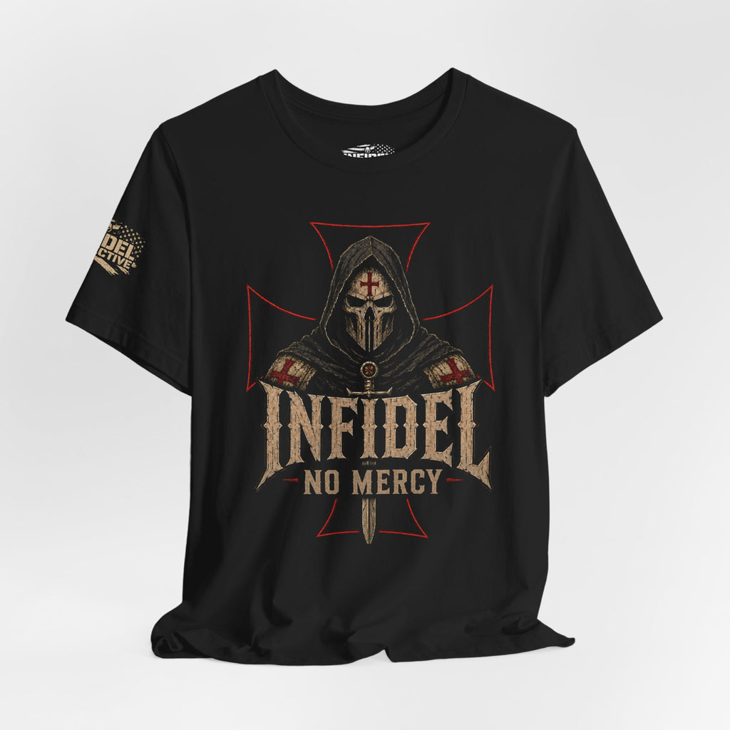 Black t-shirt with 'Infidel No Mercy' graphic design on a white background