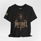 Black t-shirt with 'Infidel No Mercy' graphic design on a white background
