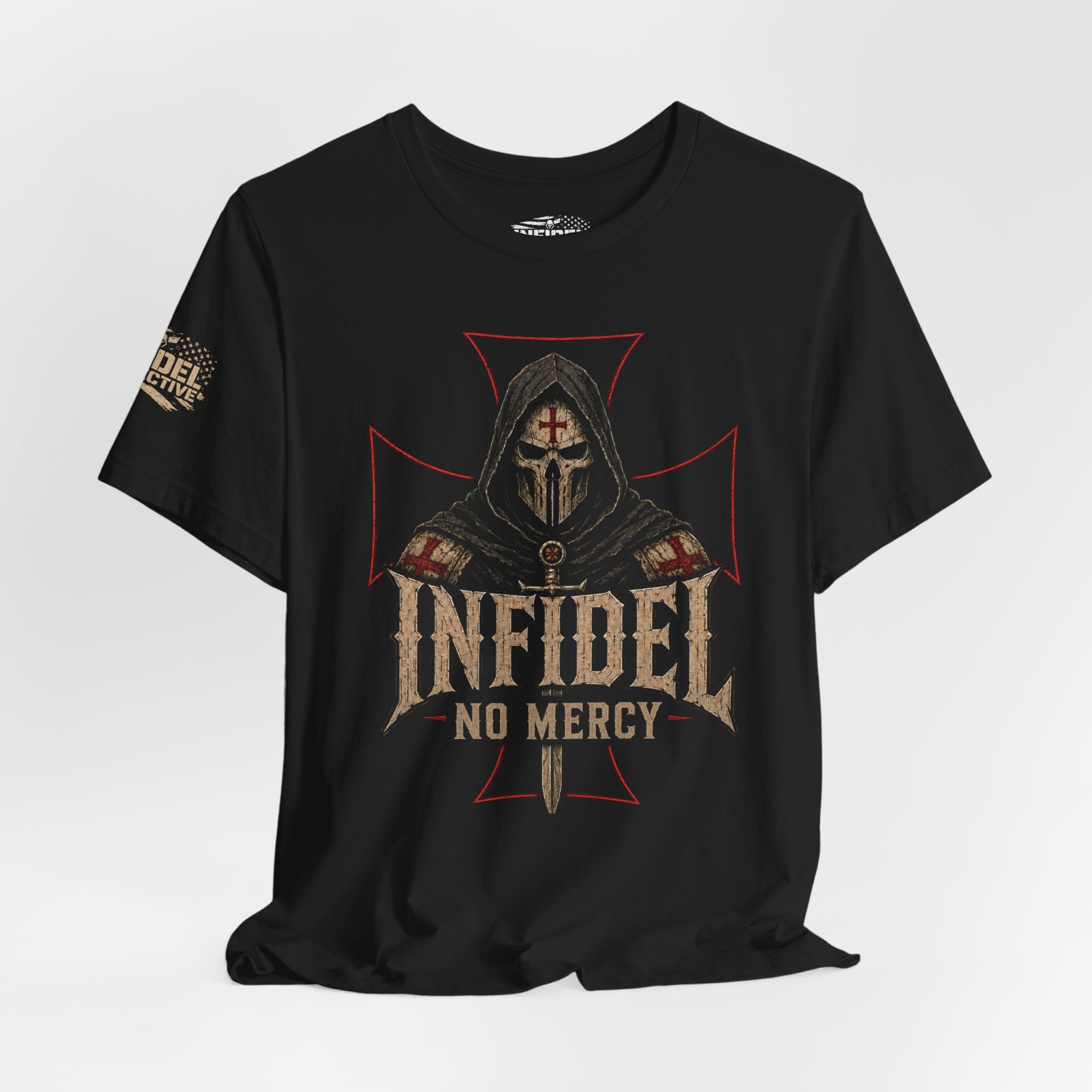 Black t-shirt with 'Infidel No Mercy' graphic design on a white background