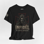 Infidel Without Apology hooded death mask front print black tee from Infidel Collective