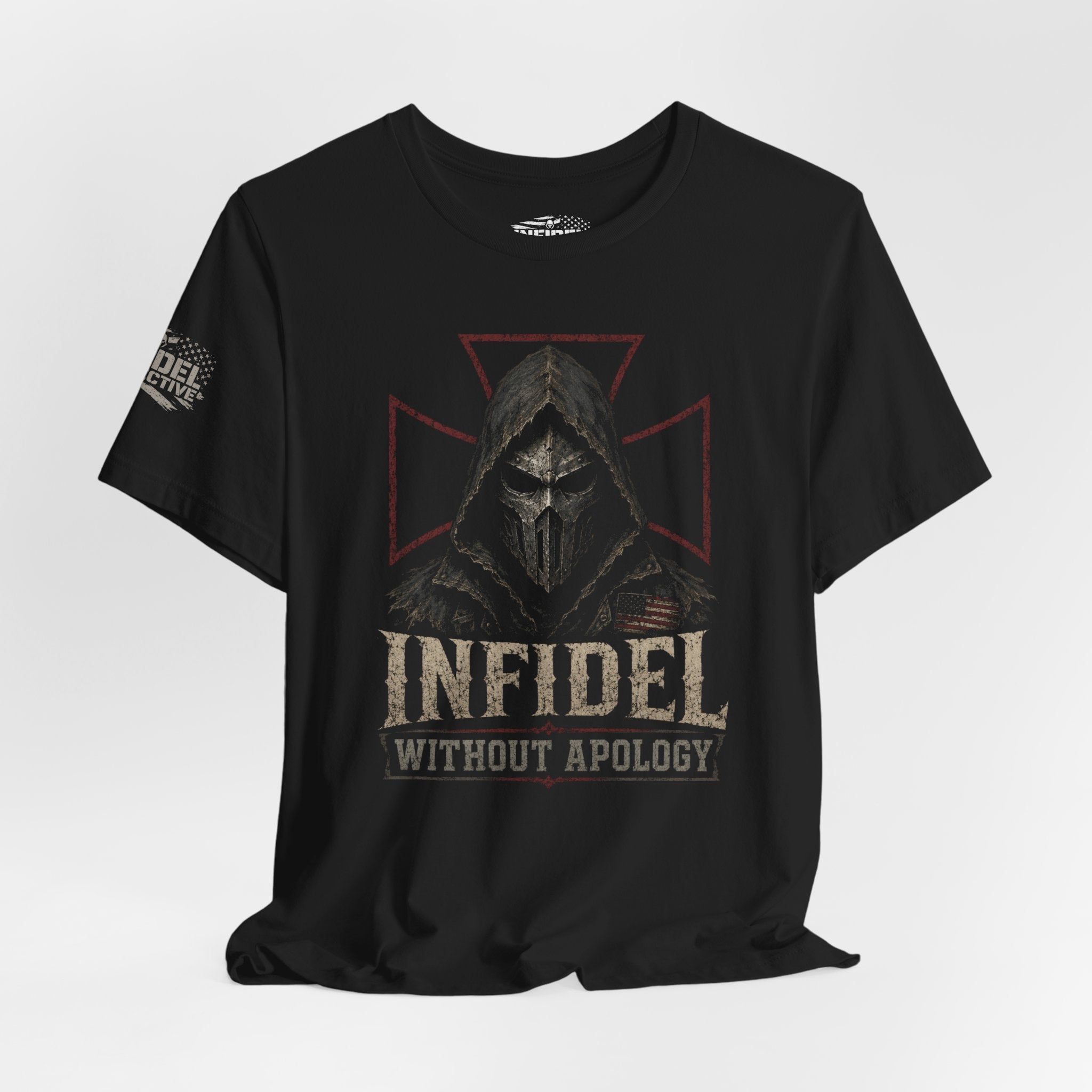 Infidel Without Apology hooded death mask front print black tee from Infidel Collective