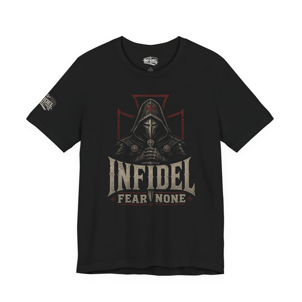 Infidel Fear None hooded knight front print black tee from Infidel Collective