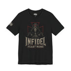 Infidel Fear None hooded knight front print black tee from Infidel Collective