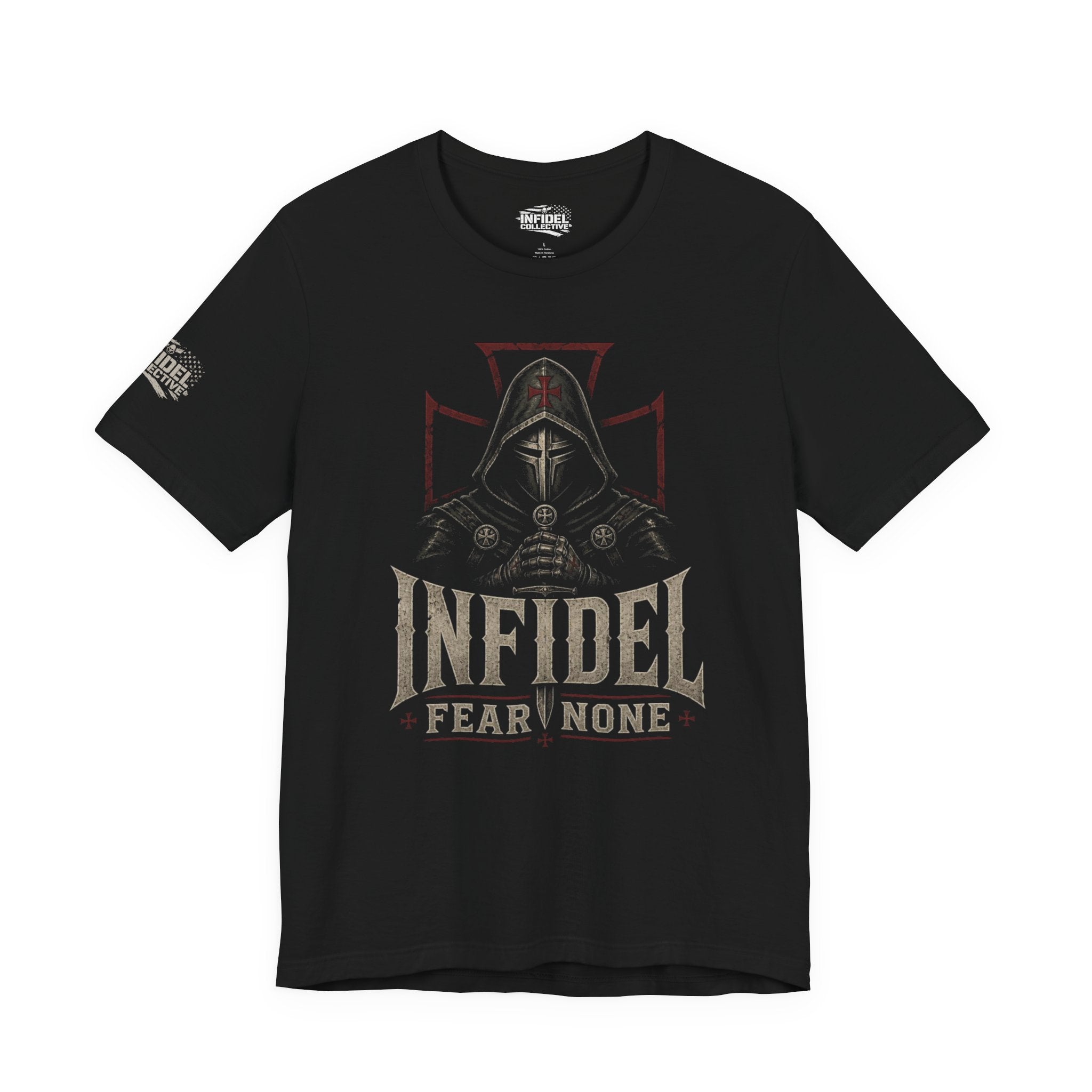 Infidel Fear None hooded knight front print black tee from Infidel Collective