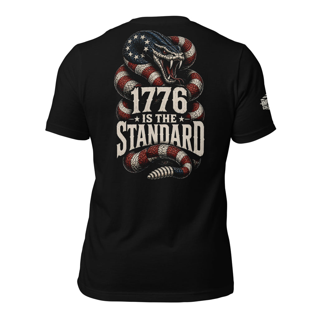 1776 Is the Standard American rattlesnake back print black tee from Infidel Collective