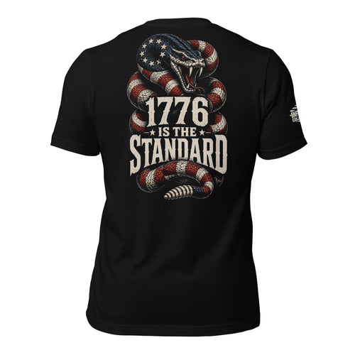 Back view of black tee featuring 1776 Is the Standard American flag rattlesnake design