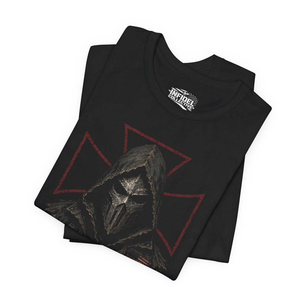 Infidel Without Apology hooded death mask front print black tee from Infidel Collective