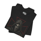 Infidel Without Apology hooded death mask front print black tee from Infidel Collective