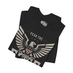 Black t-shirt with eagle graphic and 'Fear the Free' text on an American flag background
