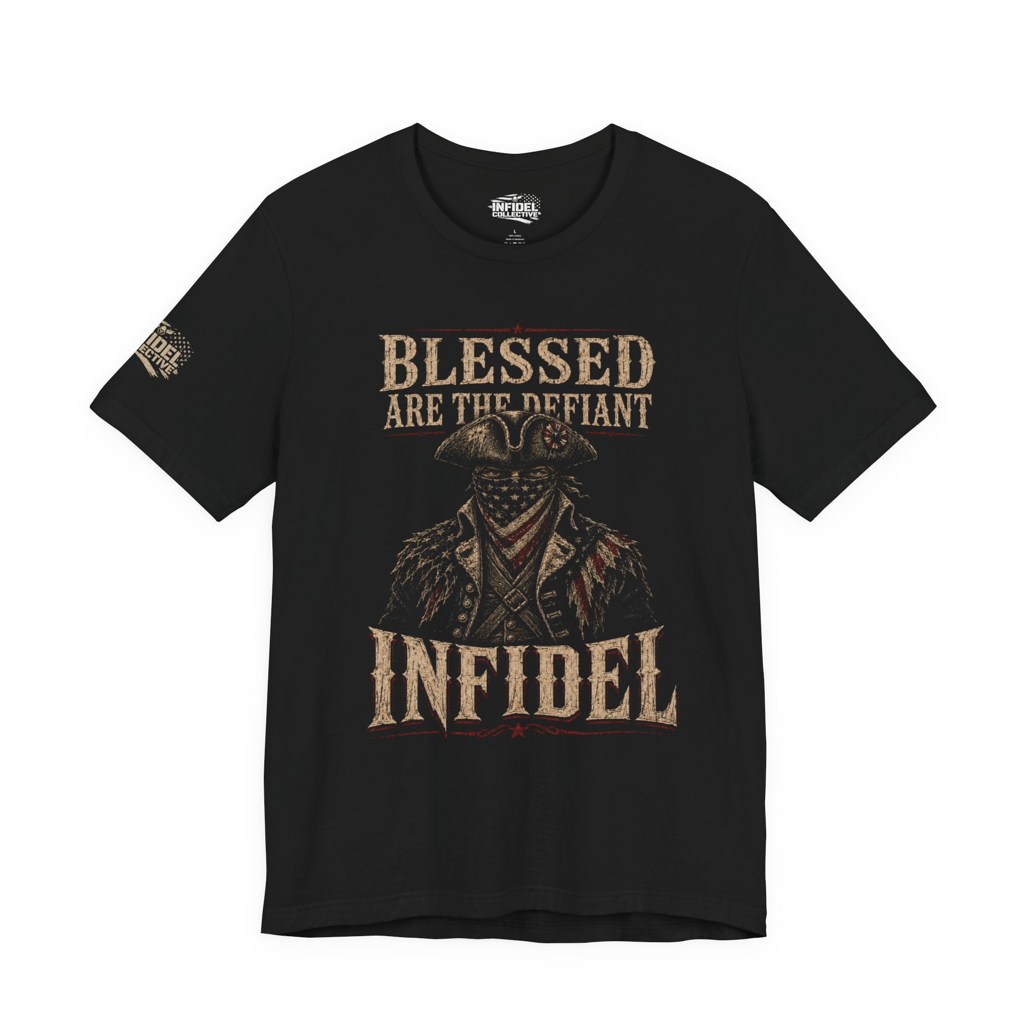 Blessed Are the Defiant Infidel front graphic black tee from Infidel Collective