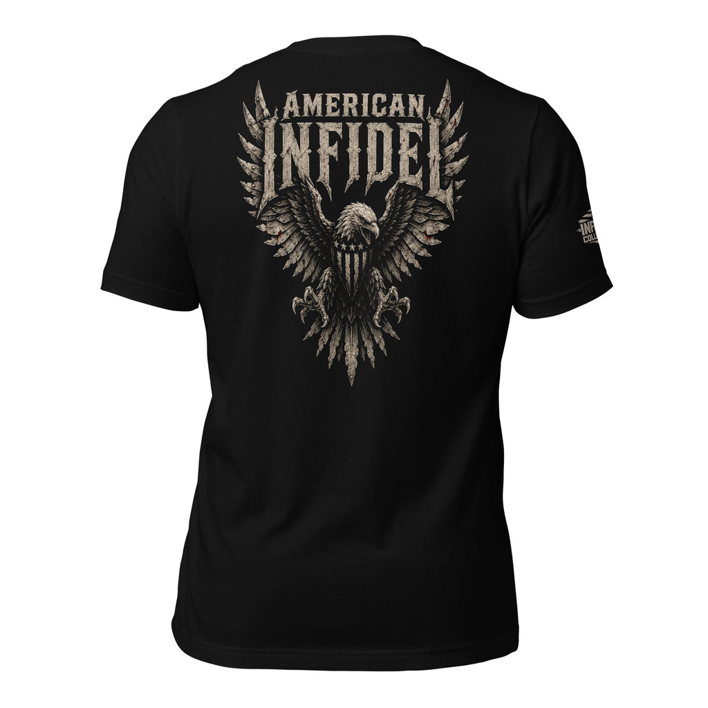 American Infidel eagle shield graphic back print black tee with distressed wings and patriotic emblem
