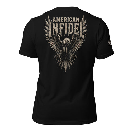 Back view of black tee featuring American Infidel bald eagle crest with spread wings design