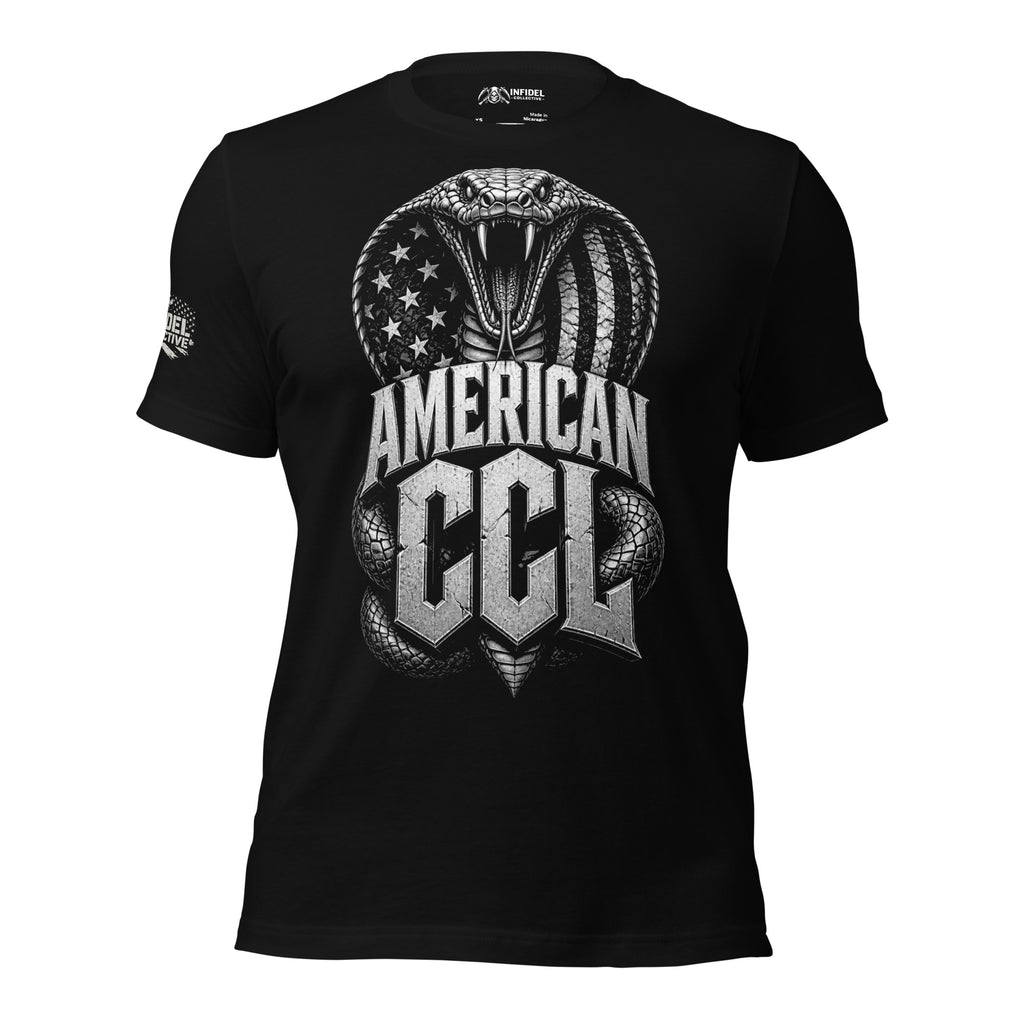 Black t-shirt featuring a coiled cobra wrapped around an American flag shield above bold American CCL lettering in distressed metallic styling