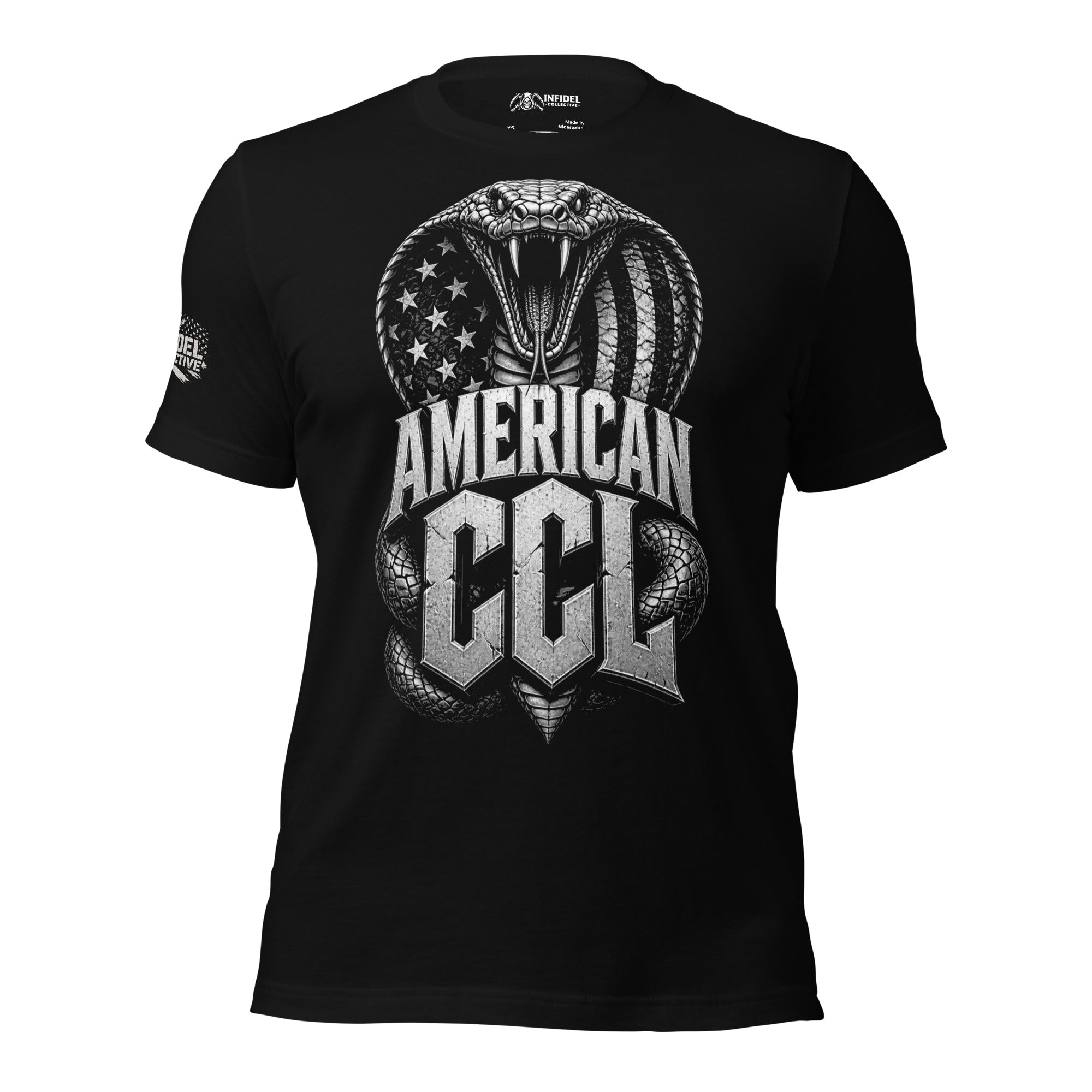 Black t-shirt featuring a coiled cobra wrapped around an American flag shield above bold American CCL lettering in distressed metallic styling