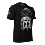 Black t-shirt featuring a coiled cobra wrapped around an American flag shield above bold American CCL lettering in distressed metallic styling