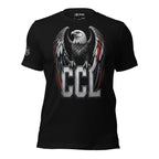Black t-shirt featuring a patriotic bald eagle with red, white, and blue wings perched above large CCL lettering