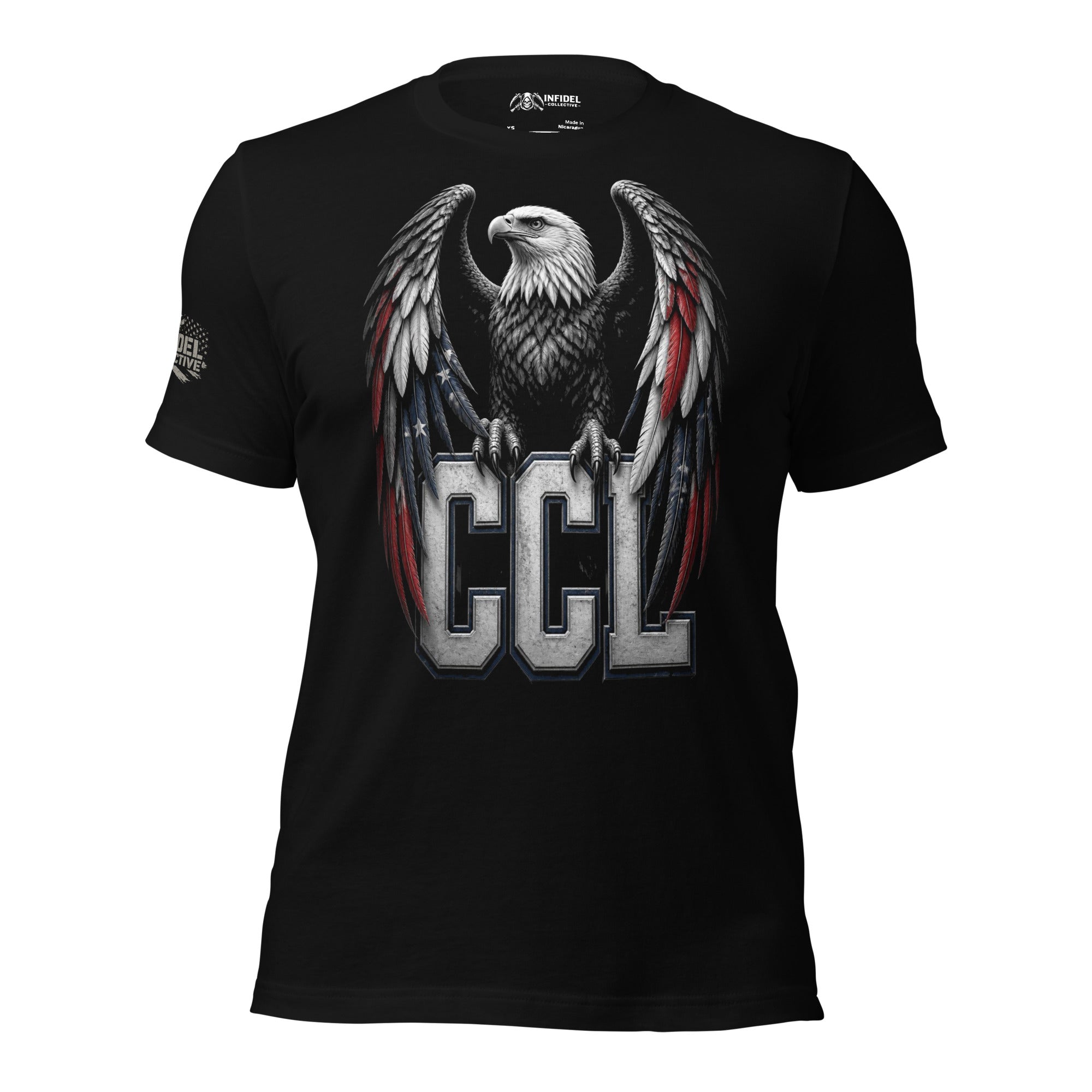 Black t-shirt featuring a patriotic bald eagle with red, white, and blue wings perched above large CCL lettering