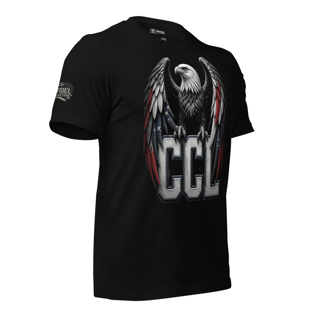 Black t-shirt featuring a patriotic bald eagle with red, white, and blue wings perched above large CCL lettering