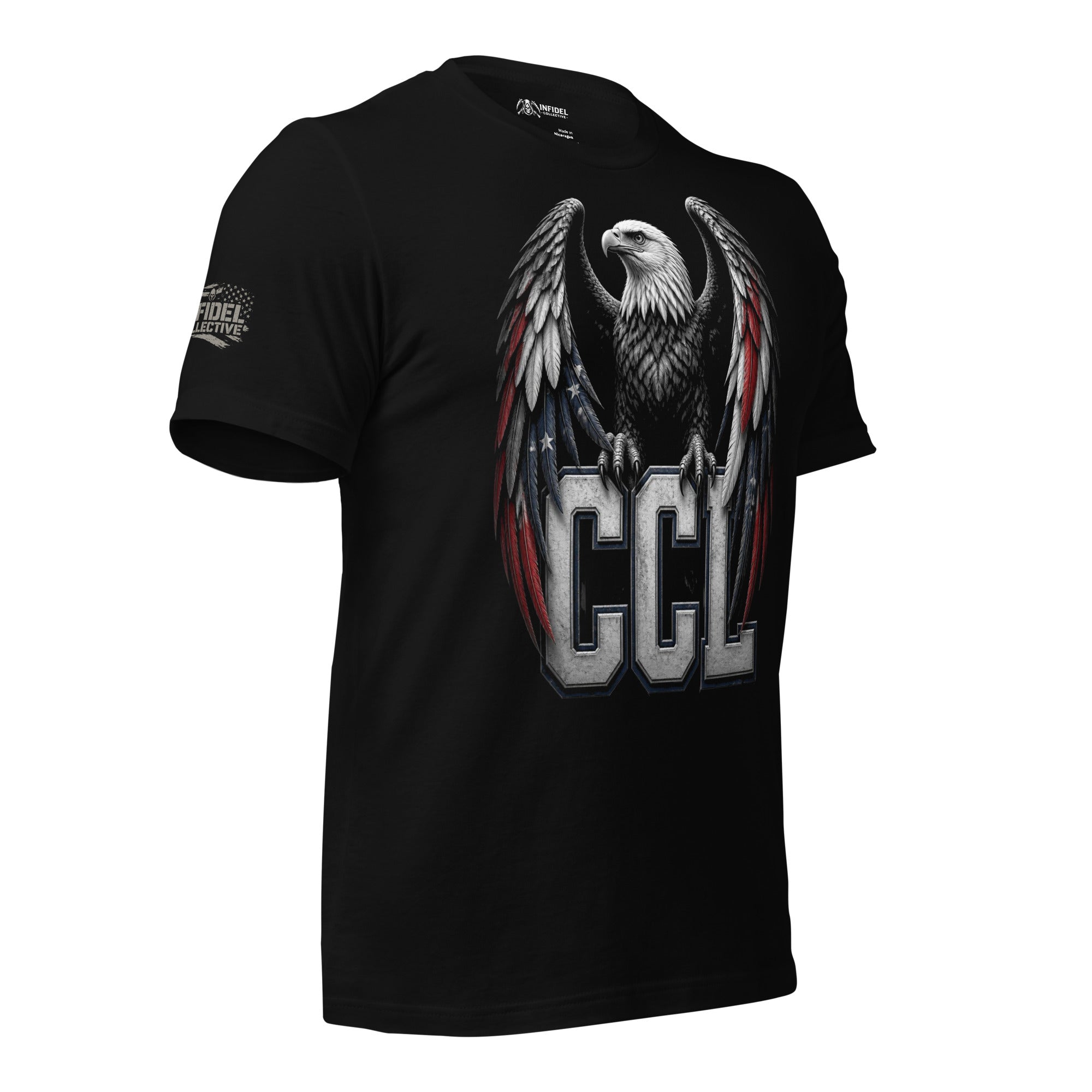 Black t-shirt featuring a patriotic bald eagle with red, white, and blue wings perched above large CCL lettering