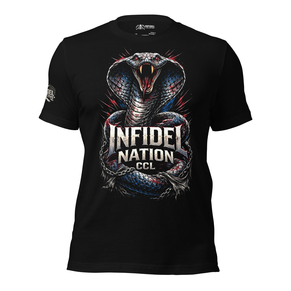 Black t-shirt featuring a striking cobra with red, white, and blue accents coiled around the Infidel Nation CCL logo