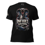 Black t-shirt featuring a striking cobra with red, white, and blue accents coiled around the Infidel Nation CCL logo