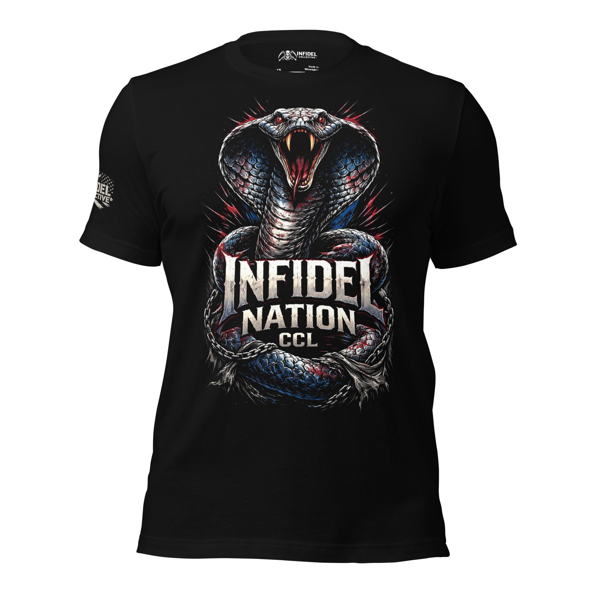 Black t-shirt featuring a striking cobra with red, white, and blue accents coiled around the Infidel Nation CCL logo