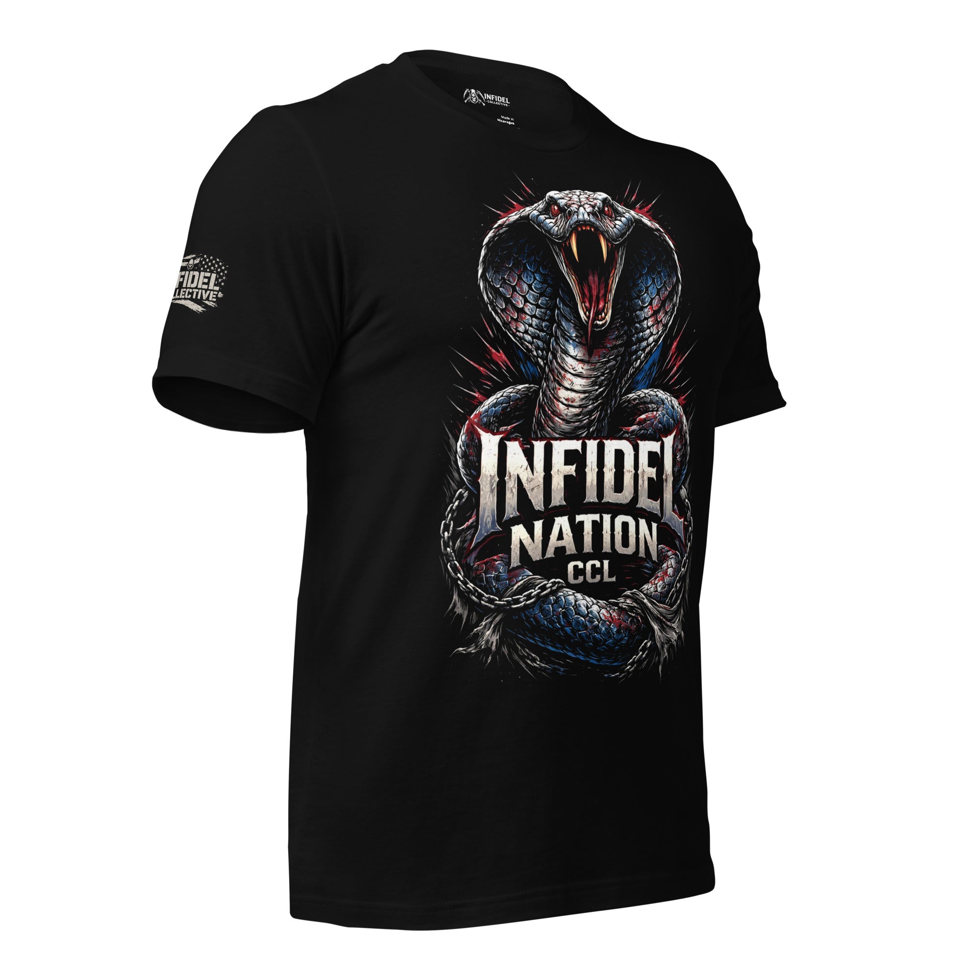 Black t-shirt featuring a striking cobra with red, white, and blue accents coiled around the Infidel Nation CCL logo
