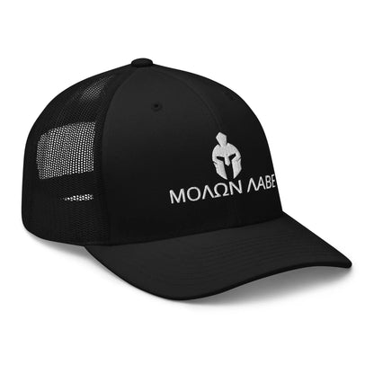 2A Spartan Molon Labe Warrior Snapback in black, left side view mockup of best embroidered mesh snapback custom trucker hat in black. Designed for blue collar men & women of America.