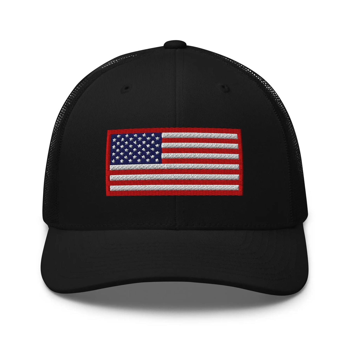 Snapback hat with embroidered American flag and red R.E.D. border – patriotic trucker cap available in multiple color options by Infidel Collective.
