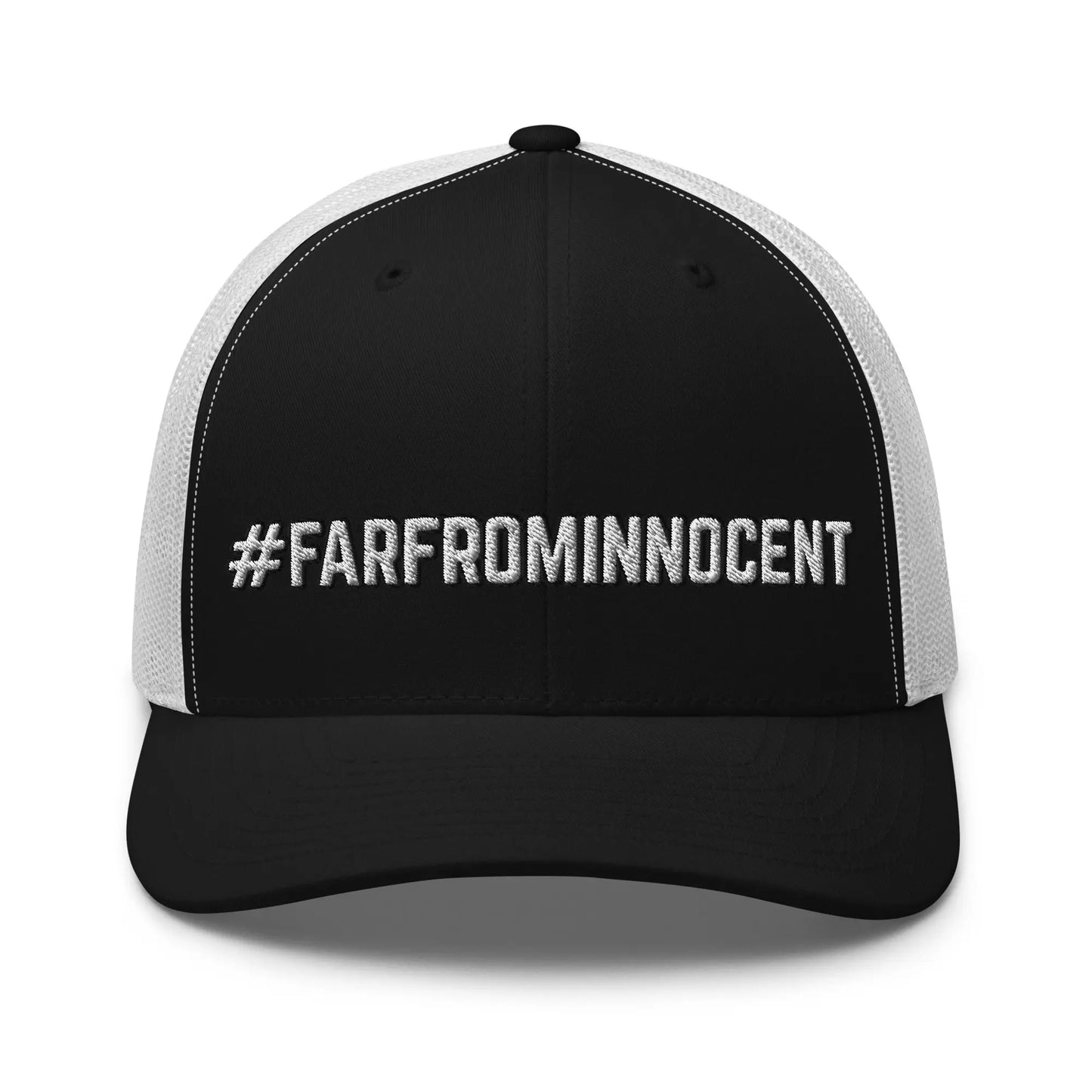 Hats Black-White Snapback Custom Trucker Hats #FARFROMINNOCENT Funny Cap for Men & Women Infidel Collective