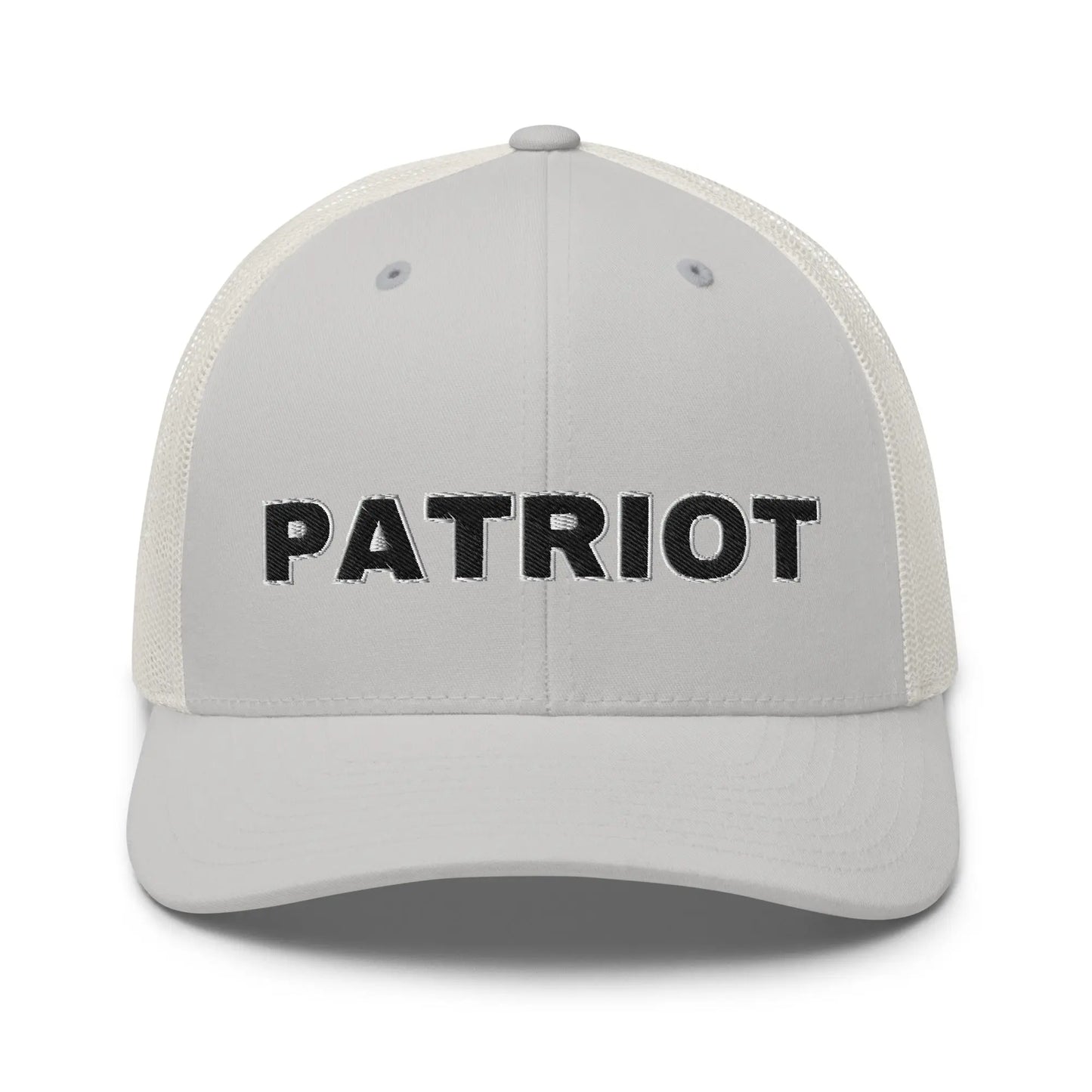 Product mockup of bold embroidered font "PATRIOT" on silver Snapback Mesh Trucker Cap for Men and Women