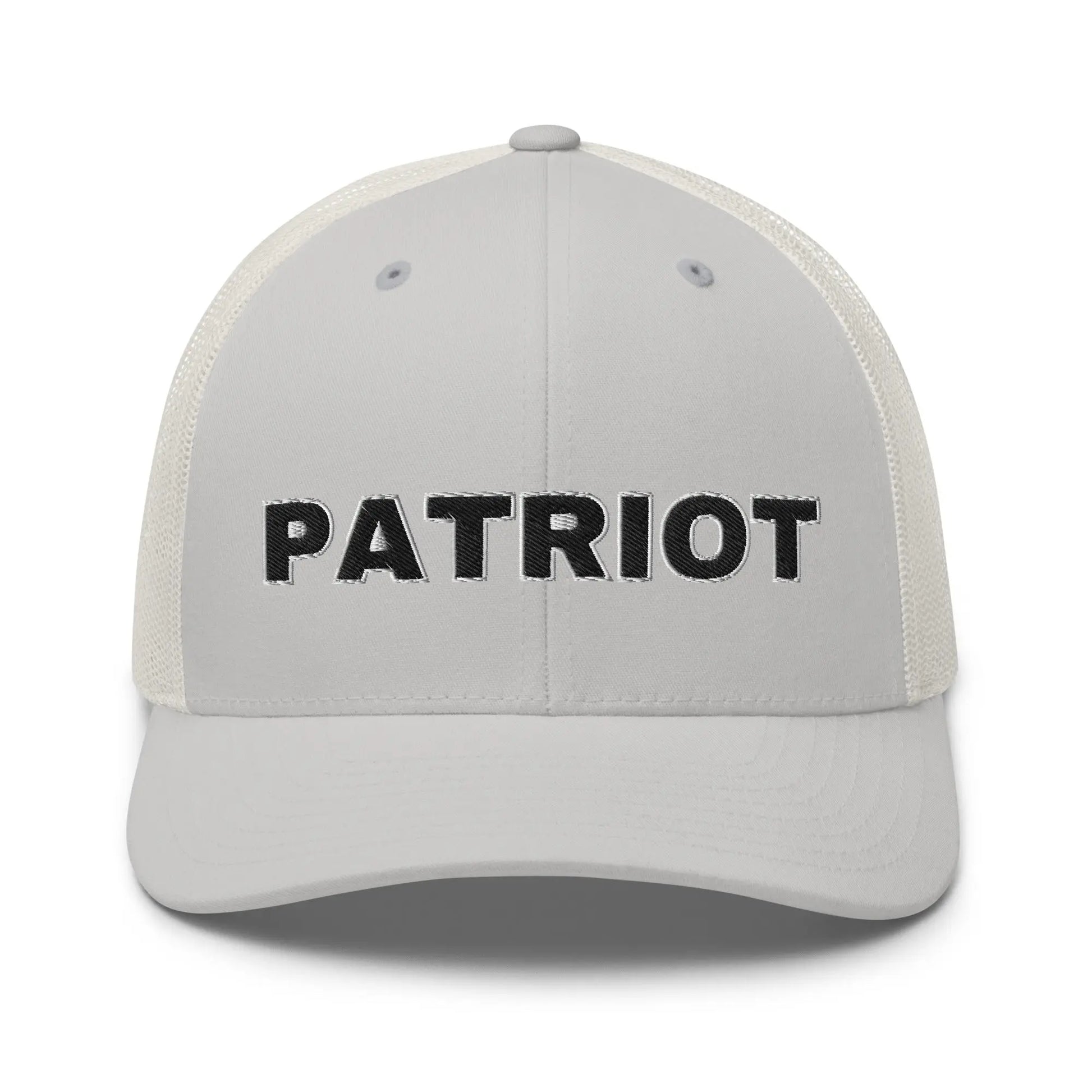 Product mockup of bold embroidered font "PATRIOT" on silver Snapback Mesh Trucker Cap for Men and Women