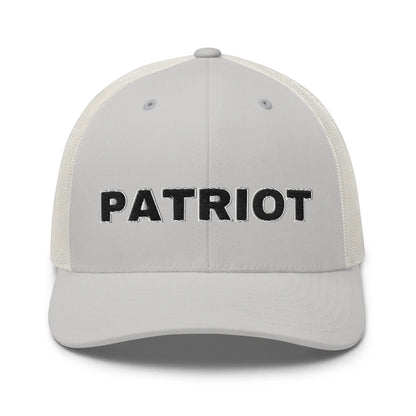 Product mockup of bold embroidered font "PATRIOT" on silver Snapback Mesh Trucker Cap for Men and Women