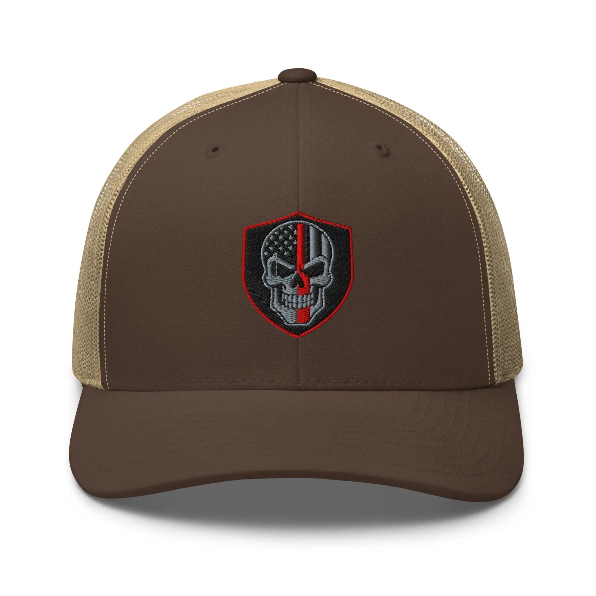Hats Brown-Khaki Snapback Custom Trucker Hats Red Line Skull Patriotic Cap for Men & Women Infidel Collective