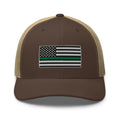 Brown and Khaki snapback hat with embroidered Green Line Flag, back view