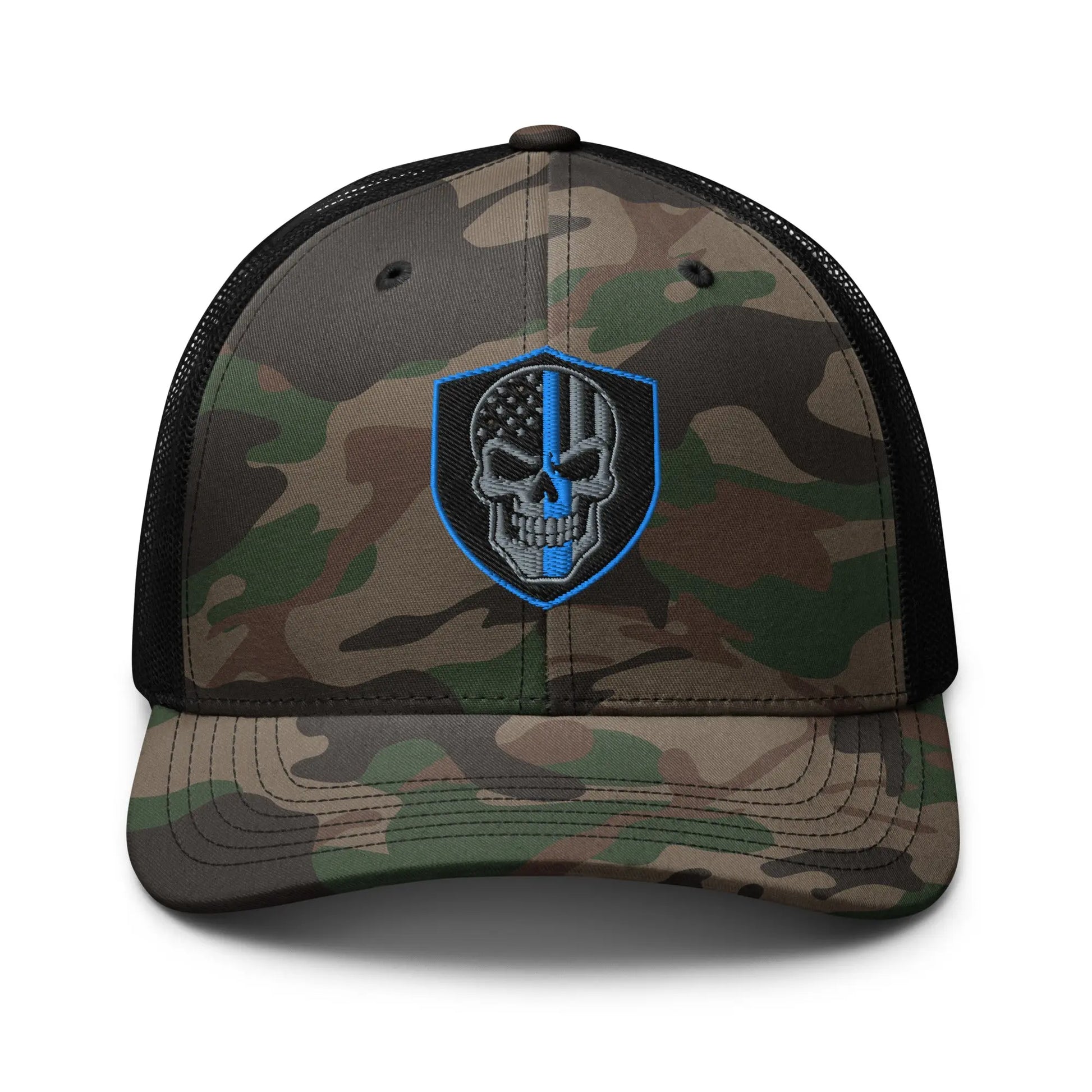 Hats Camo-Black Snapback Custom Trucker Hats Back the Blue Line Skull Camo Patriotic Cap Infidel Collective