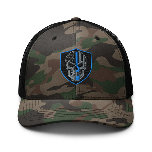 Hats Camo-Black Snapback Custom Trucker Hats Back the Blue Line Skull Camo Patriotic Cap Infidel Collective