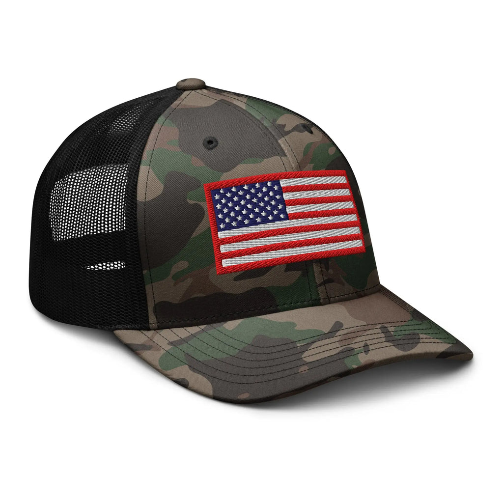 Hats  Custom Snapback Hats: Patriotic Camo Trucker Hat with USA Flag Infidel Collective