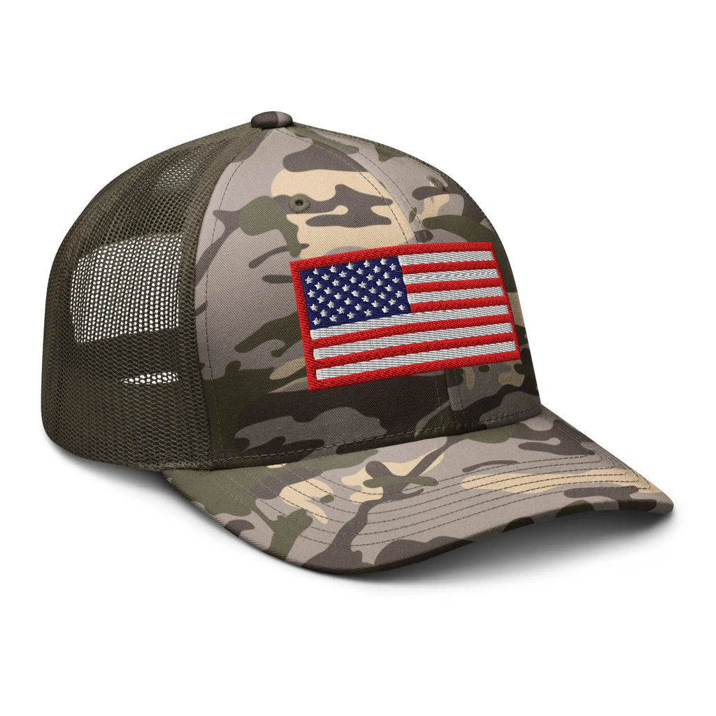 Hats  Custom Snapback Hats: Patriotic Camo Trucker Hat with USA Flag Infidel Collective