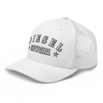 Product mockup of white custom mesh snapback trucker hat with white embroidered stitching outlined in black, made for women.