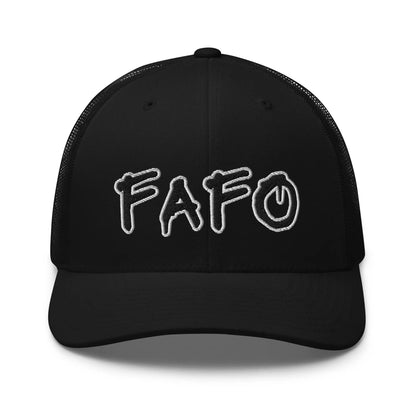 Mockup of "FAFO" cap – Embroidered Stitching on Snapback Mesh Trucker Cap for Men and Women