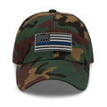 Green Camo dad hat with embroidered Vintage Thin Blue Line Flag, back view