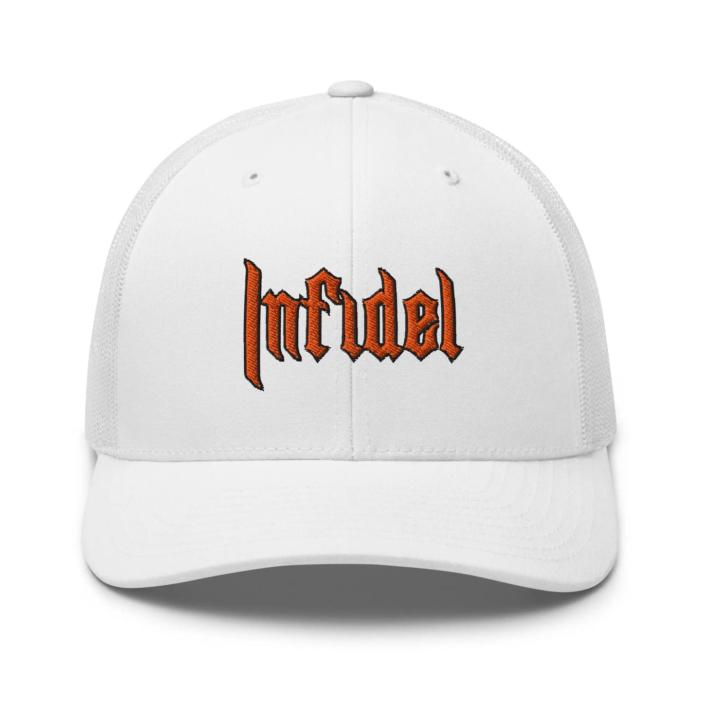 Product mockup of "INFIDEL" cap – Embroidered in orange stitching on Snapback Mesh Trucker Cap for Men and Women