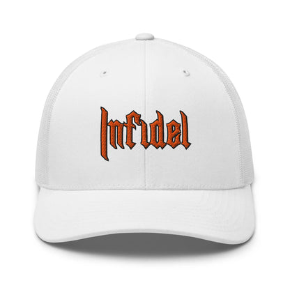 Product mockup of "INFIDEL" cap – Embroidered in orange stitching on Snapback Mesh Trucker Cap for Men and Women