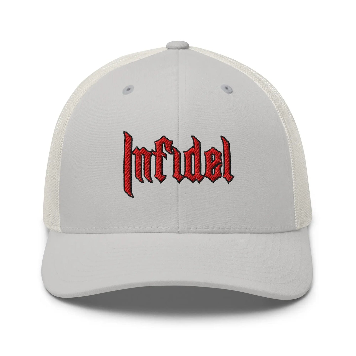 Product mockup of "INFIDEL" cap – Embroidered in red and black stitching on Snapback Mesh Trucker Cap for Men and Women